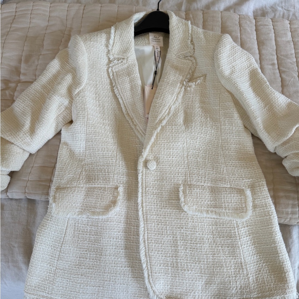cinq a sept Cream Bouclé Single-Button Blazer